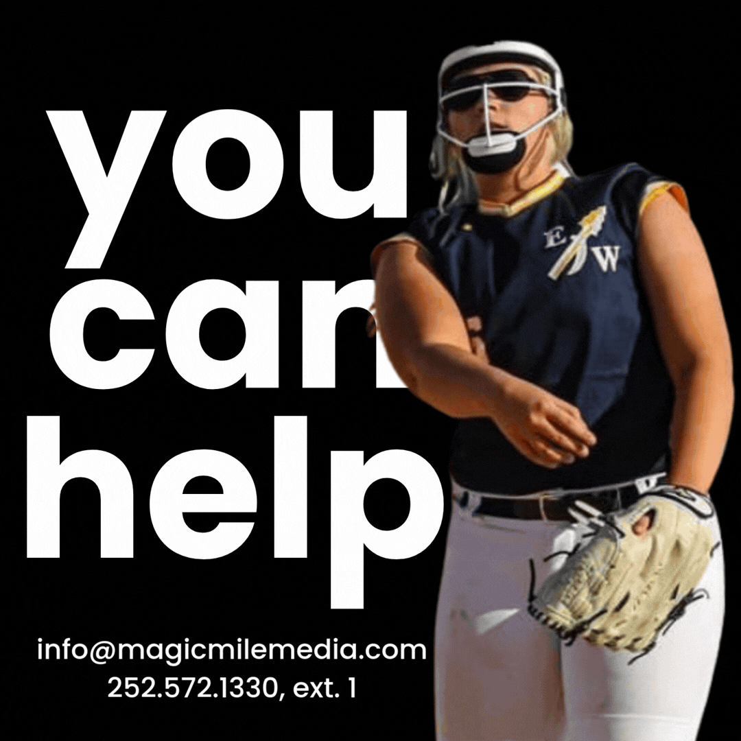A female baseball player in uniform, wearing sunglasses, a helmet, and holding a baseball glove, with large white text that says 'You can help'. Contact information including email and phone number is at the bottom.