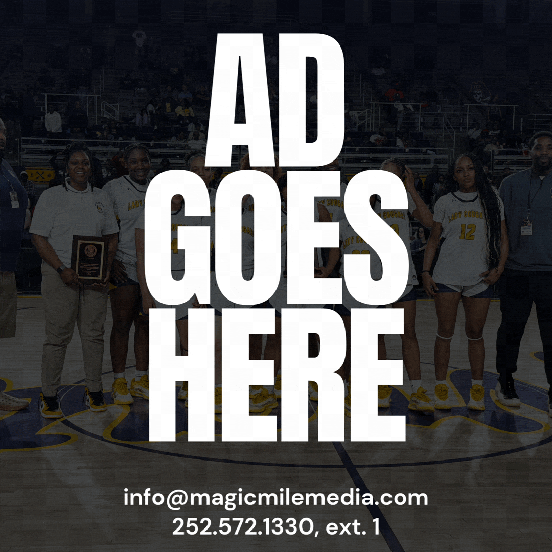 Overlay text on a photo of a women's basketball team in white uniforms with yellow shoes, standing on a basketball court, with the words "Ad Goes Here" and contact information for advertising.